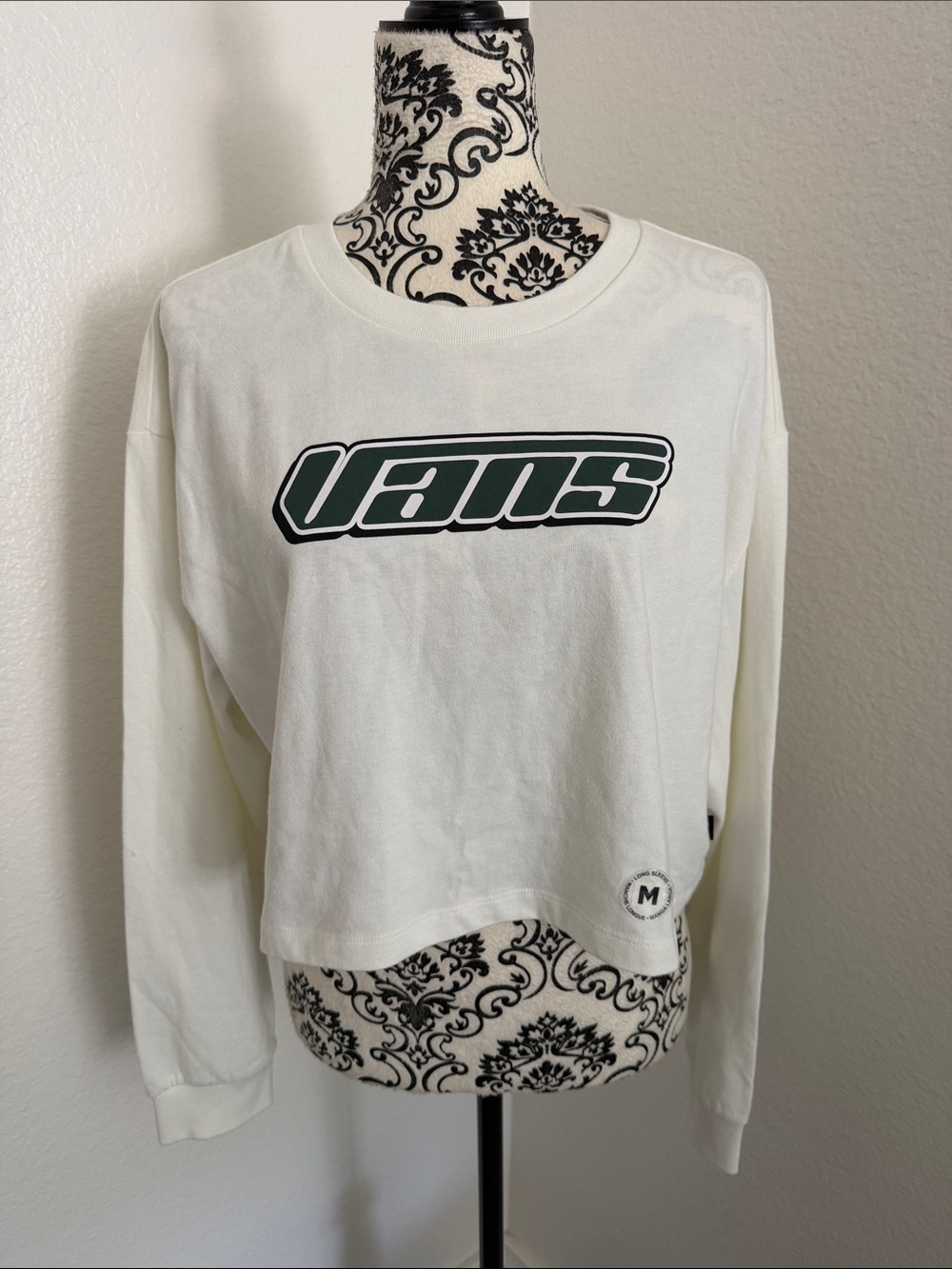 Vans Retro Relaxed Long Sleeve Cropped Crewneck with Dark Green Logo Size Medium